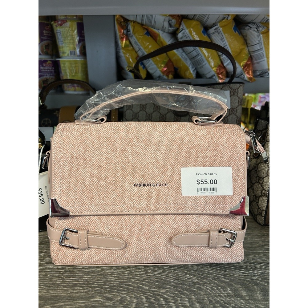 FASHION & BAGS Pink Herringbone Small Top Handle Satchel Silver Buckle, Strap